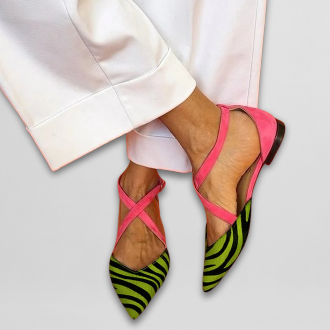 Women’s Zebra Print Ballet Flats – Comfortable Strappy Fuchsia Detail Ballerinas