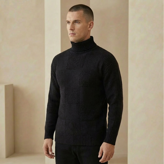 Men's Slim-Fit Roll Neck Jumper – Patterned Knit Turtleneck Sweater