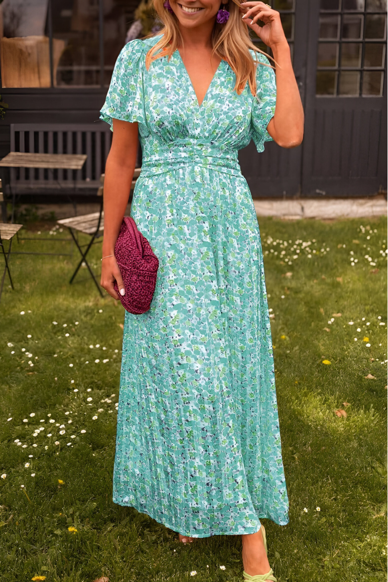 Women’s Floral V-Neck Maxi Dress – Short Sleeve Summer A-Line Flowy Dress