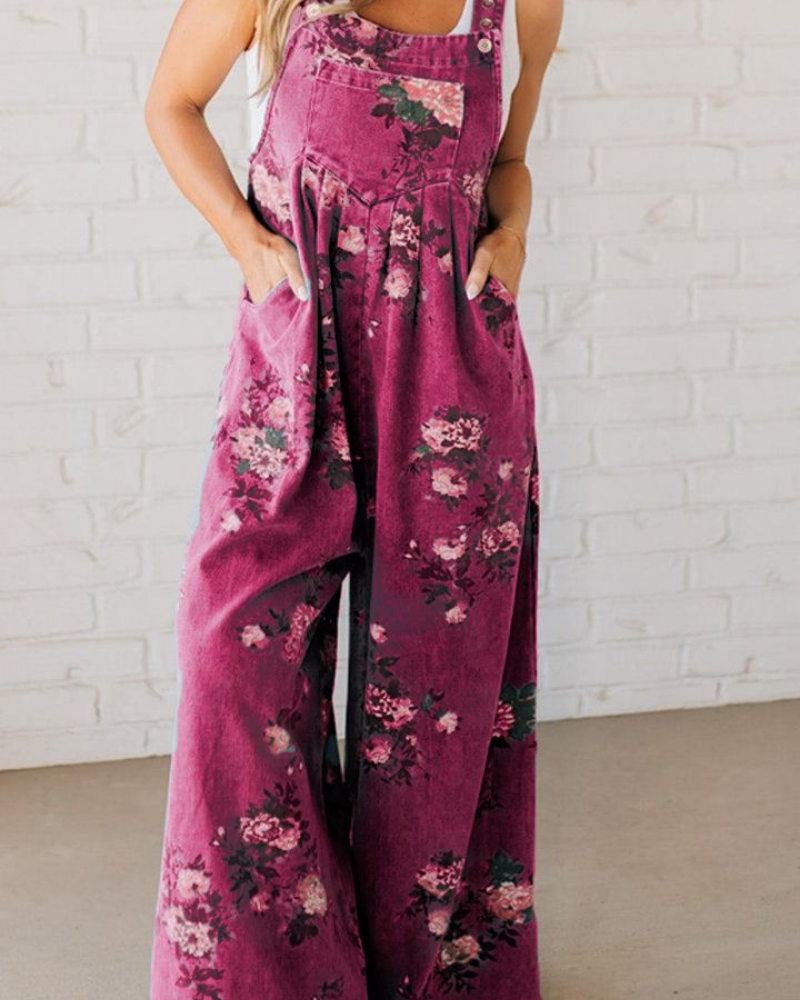 Women’s Floral Wide Leg Jumpsuit with Adjustable Straps