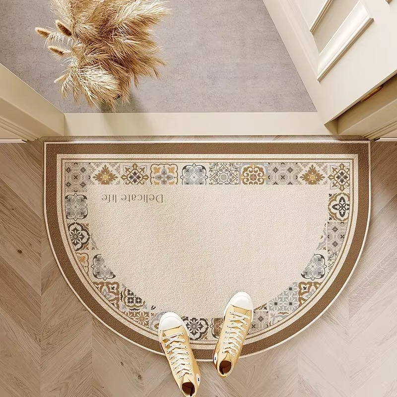 Semicircle Belgian Velvet Doormat – Non-Slip Striped Embroidered Welcome Entrance Mat