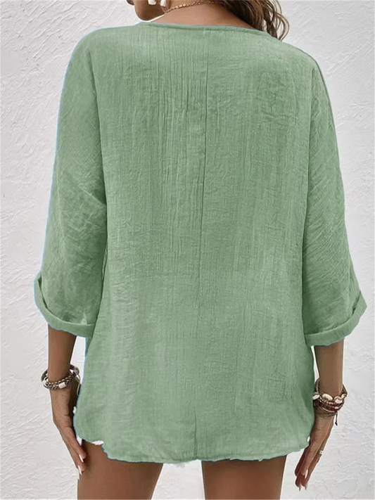 Women’s Crinkle Cotton V-Neck Top – Casual Three-Quarter Sleeve Button Blouse