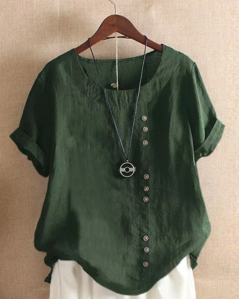 Women’s Linen Tunic Top – Short Sleeve Button Detail Oversized Blouse