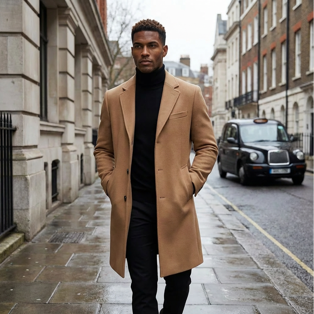 Men's Slim-Fit Wool-Look Overcoat – Classic Tailored Winter Formal Coat