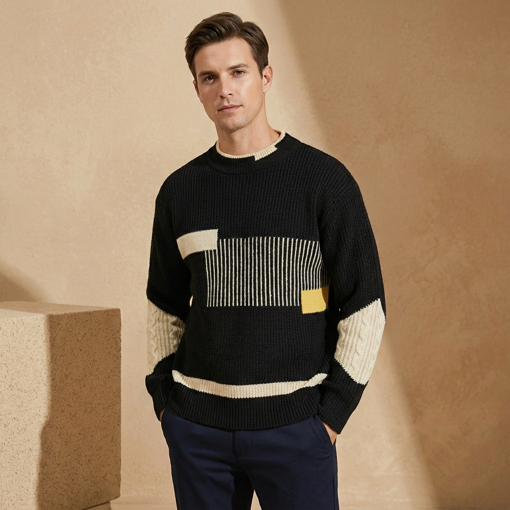 Men’s Patchwork Knit Crew Neck Sweater