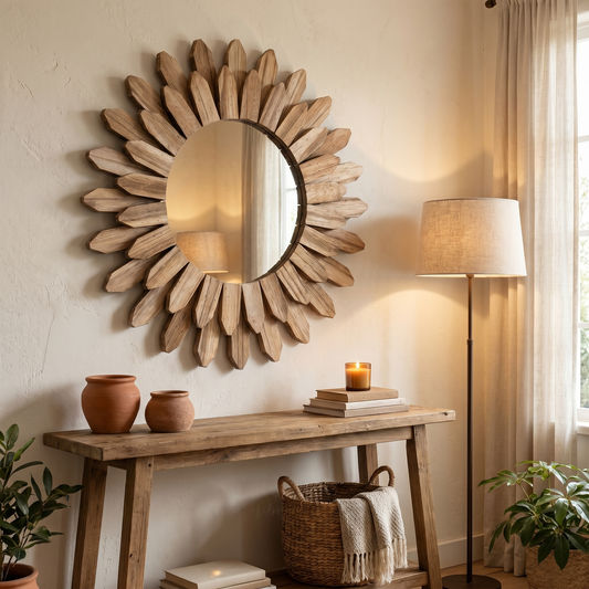 Rustic Wooden Sunburst Wall Mirror