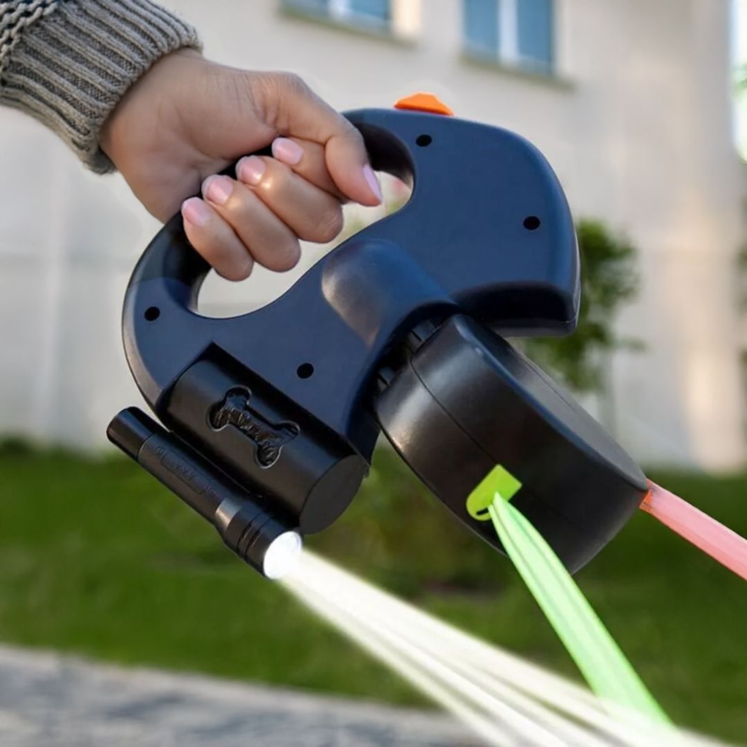Dual Retractable Dog Lead with Torch & Bag Holder