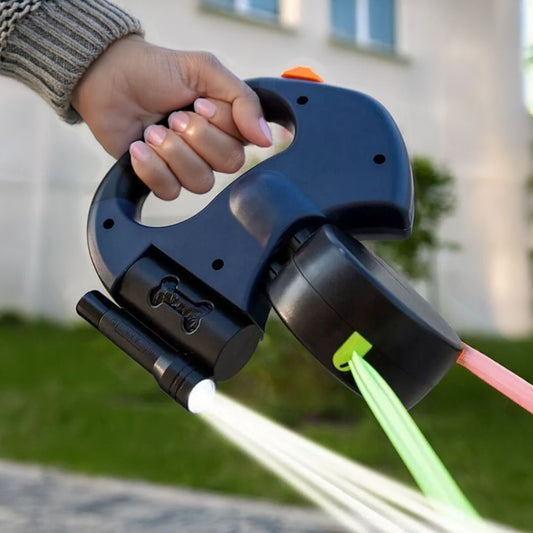 Dual Retractable Dog Lead with Torch & Bag Holder