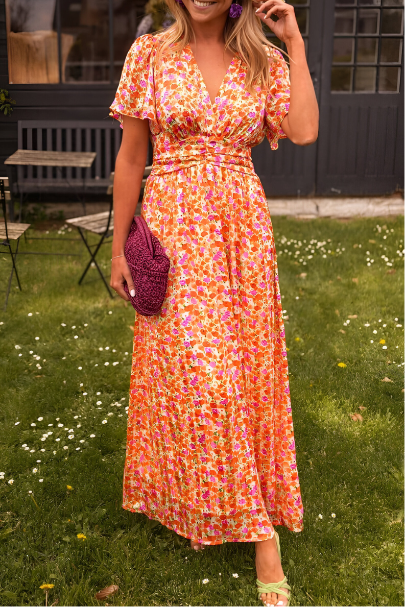 Women’s Floral V-Neck Maxi Dress – Short Sleeve Summer A-Line Flowy Dress