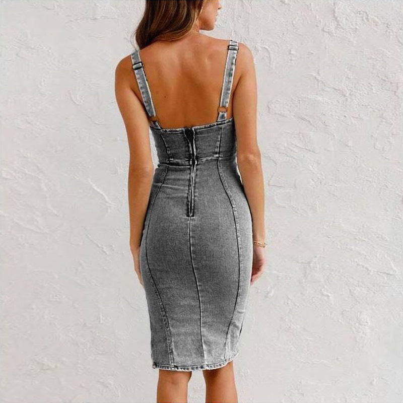Women's Denim Front-Slit Midi Dress
