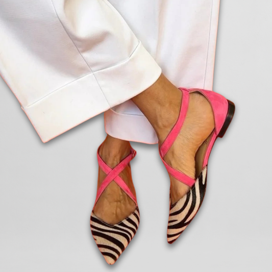Women’s Zebra Print Ballet Flats – Comfortable Strappy Fuchsia Detail Ballerinas