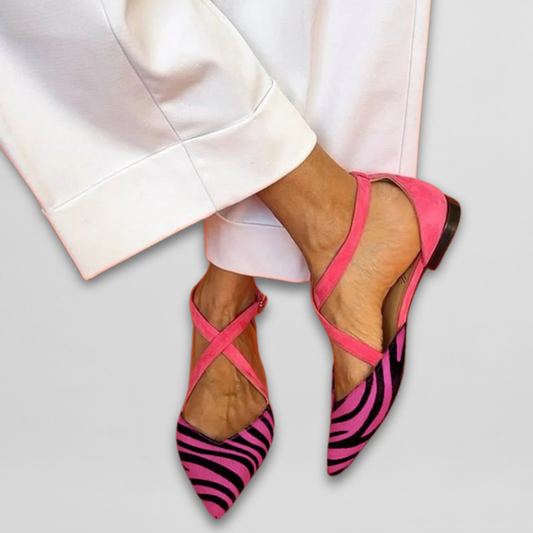 Women’s Zebra Print Ballet Flats – Comfortable Strappy Fuchsia Detail Ballerinas