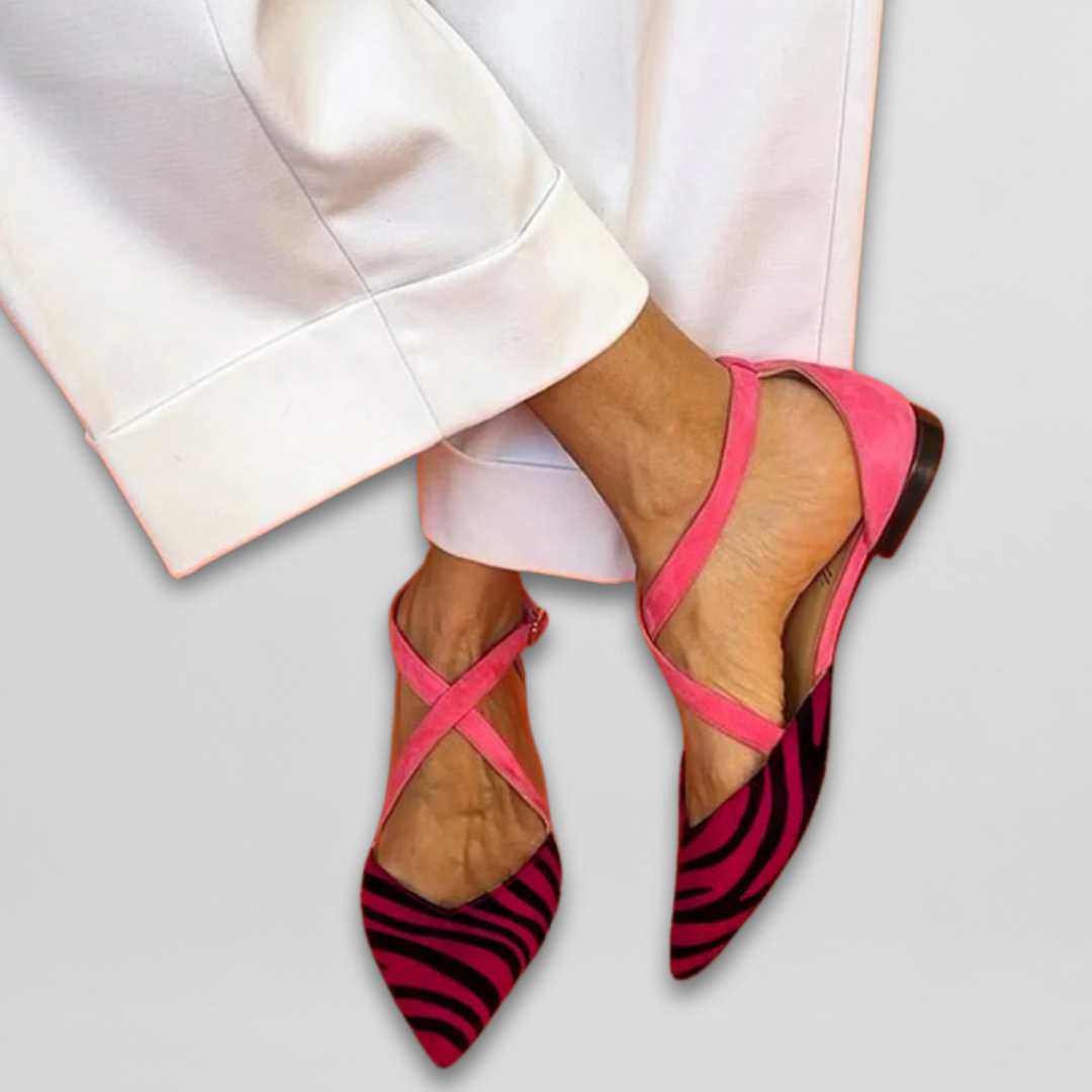 Women’s Zebra Print Ballet Flats – Comfortable Strappy Fuchsia Detail Ballerinas
