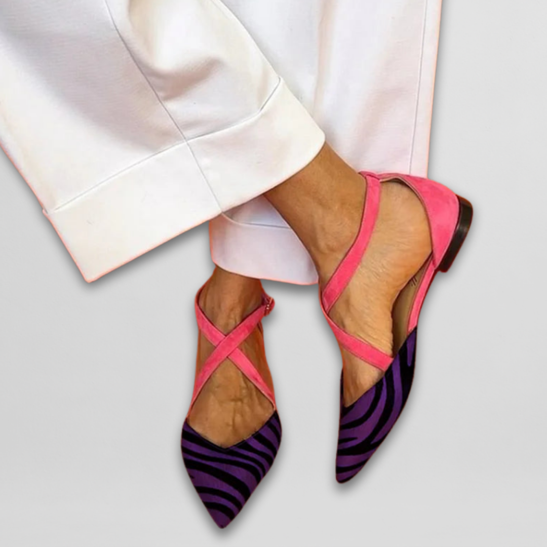Women’s Zebra Print Ballet Flats – Comfortable Strappy Fuchsia Detail Ballerinas