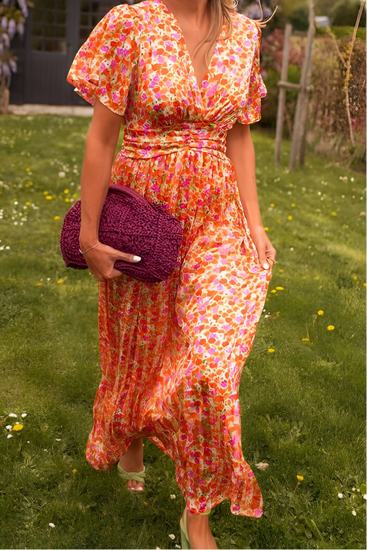 Women’s Floral V-Neck Maxi Dress – Short Sleeve Summer A-Line Flowy Dress