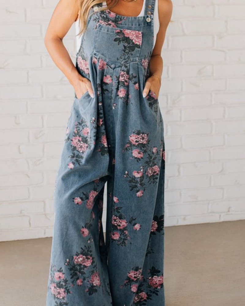 Women’s Floral Wide Leg Jumpsuit with Adjustable Straps