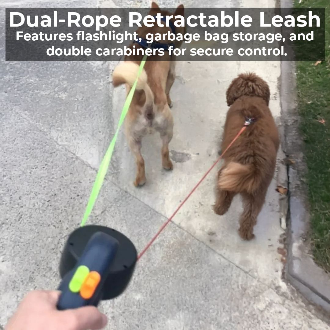 Dual Retractable Dog Lead with Torch & Bag Holder