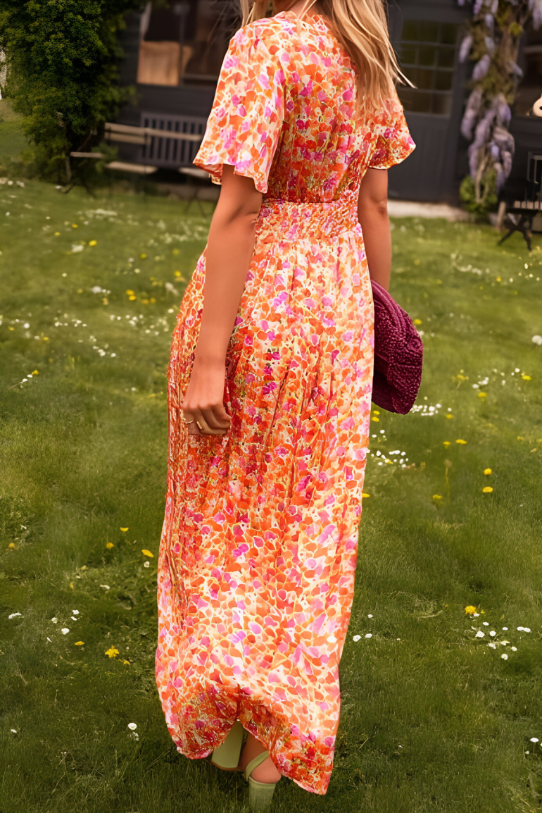 Women’s Floral V-Neck Maxi Dress – Short Sleeve Summer A-Line Flowy Dress