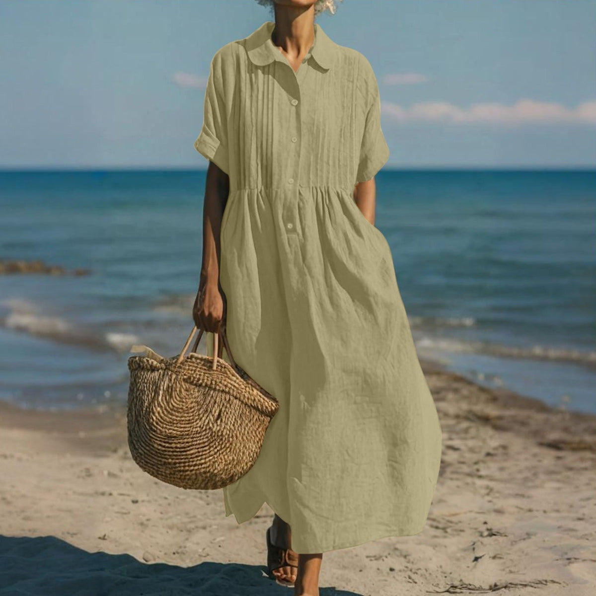 Women's Collared Button Dress – Cotton Midi Shirt Dress