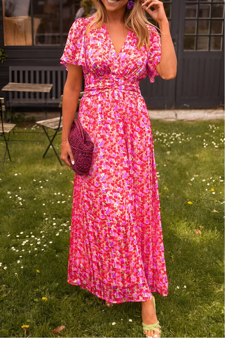 Women’s Floral V-Neck Maxi Dress – Short Sleeve Summer A-Line Flowy Dress