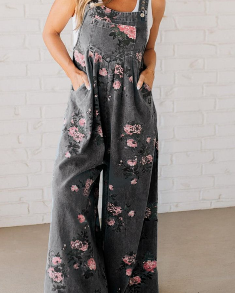 Women’s Floral Wide Leg Jumpsuit with Adjustable Straps
