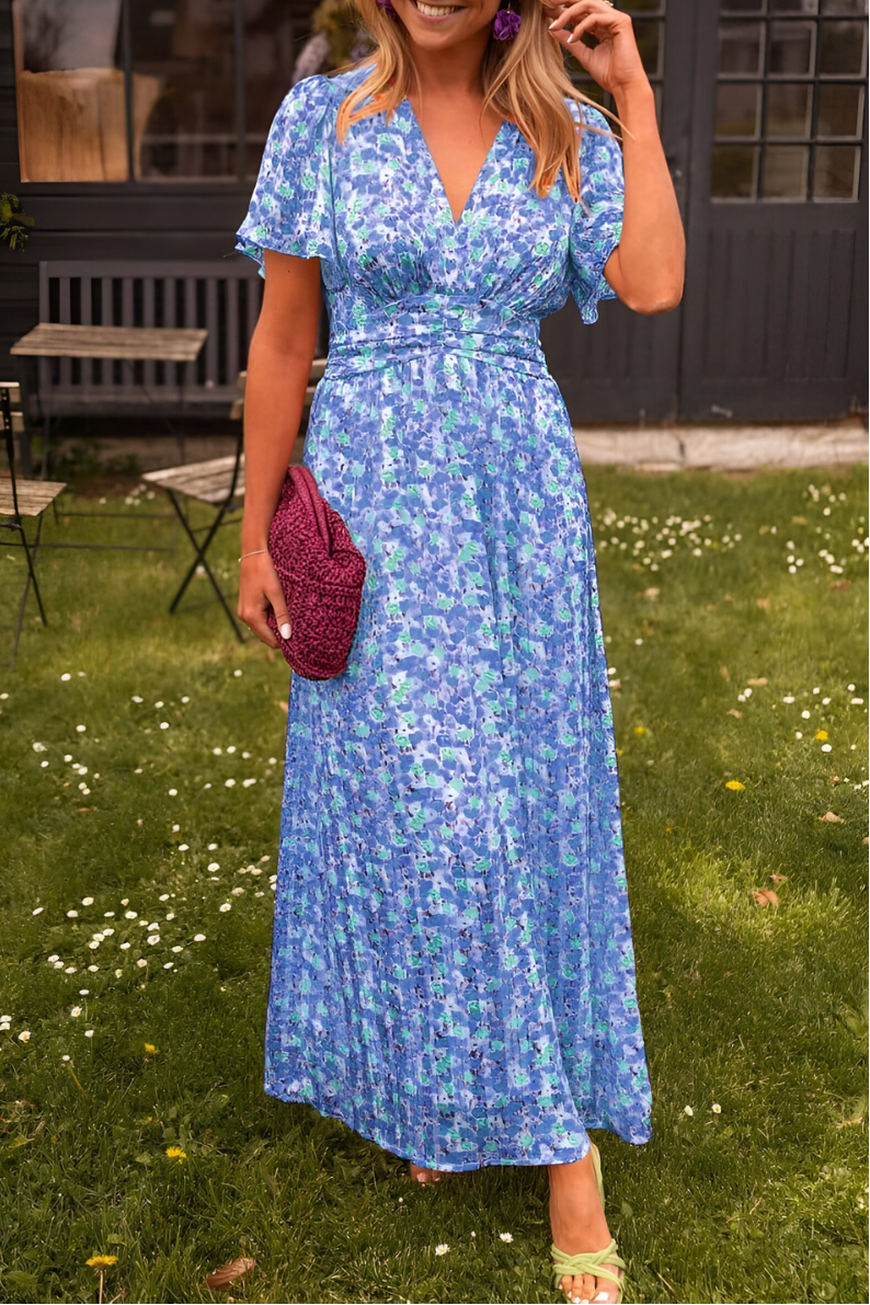 Women’s Floral V-Neck Maxi Dress – Short Sleeve Summer A-Line Flowy Dress
