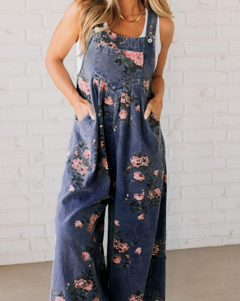 Women’s Floral Wide Leg Jumpsuit with Adjustable Straps