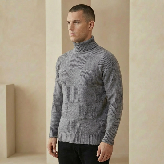 Men's Slim-Fit Roll Neck Jumper – Patterned Knit Turtleneck Sweater