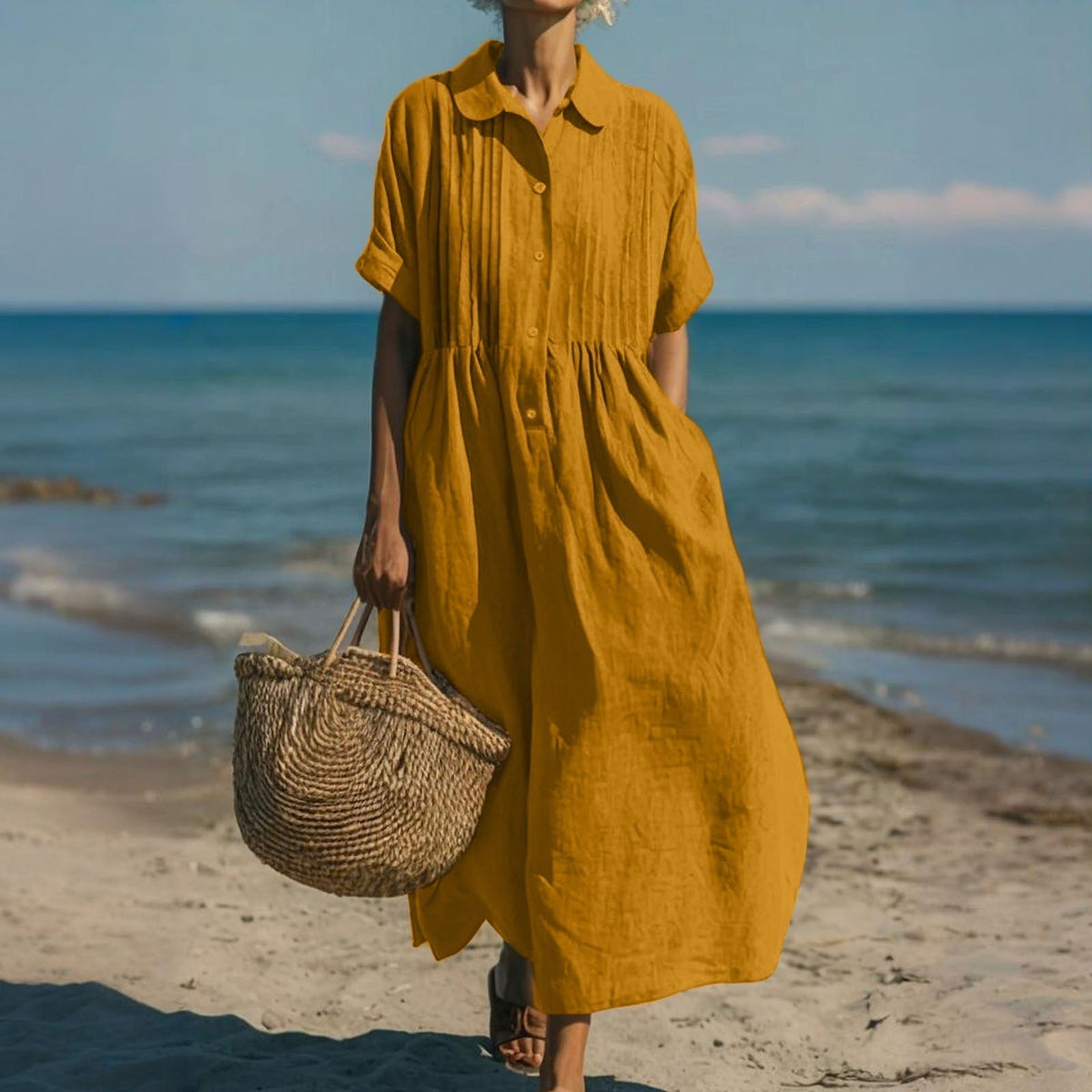 Women's Collared Button Dress – Cotton Midi Shirt Dress