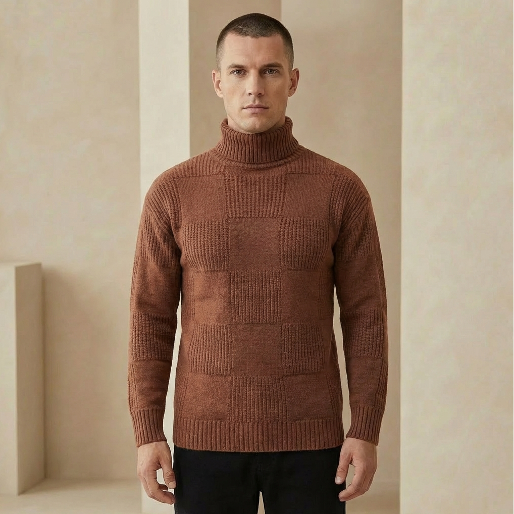 Men's Slim-Fit Roll Neck Jumper – Patterned Knit Turtleneck Sweater