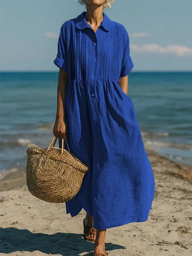 Women's Collared Button Dress – Cotton Midi Shirt Dress