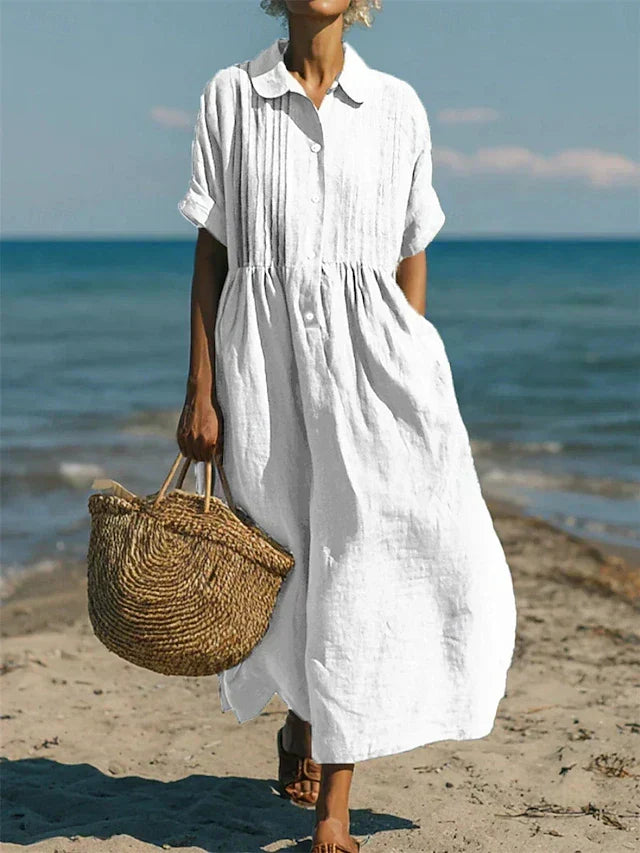 Women's Collared Button Dress – Cotton Midi Shirt Dress