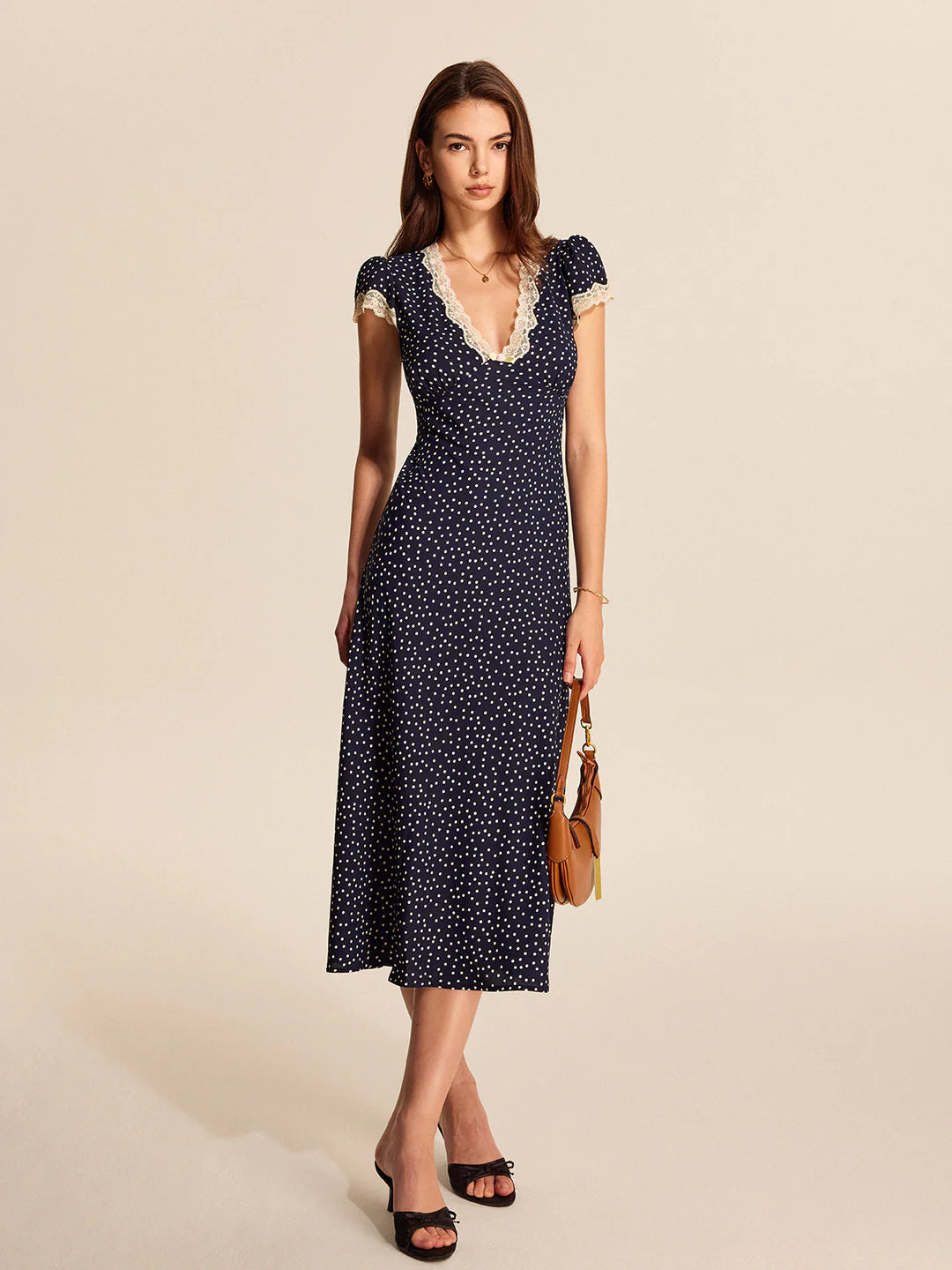 Women's Polka Dot Lace-Trim Midi Dress