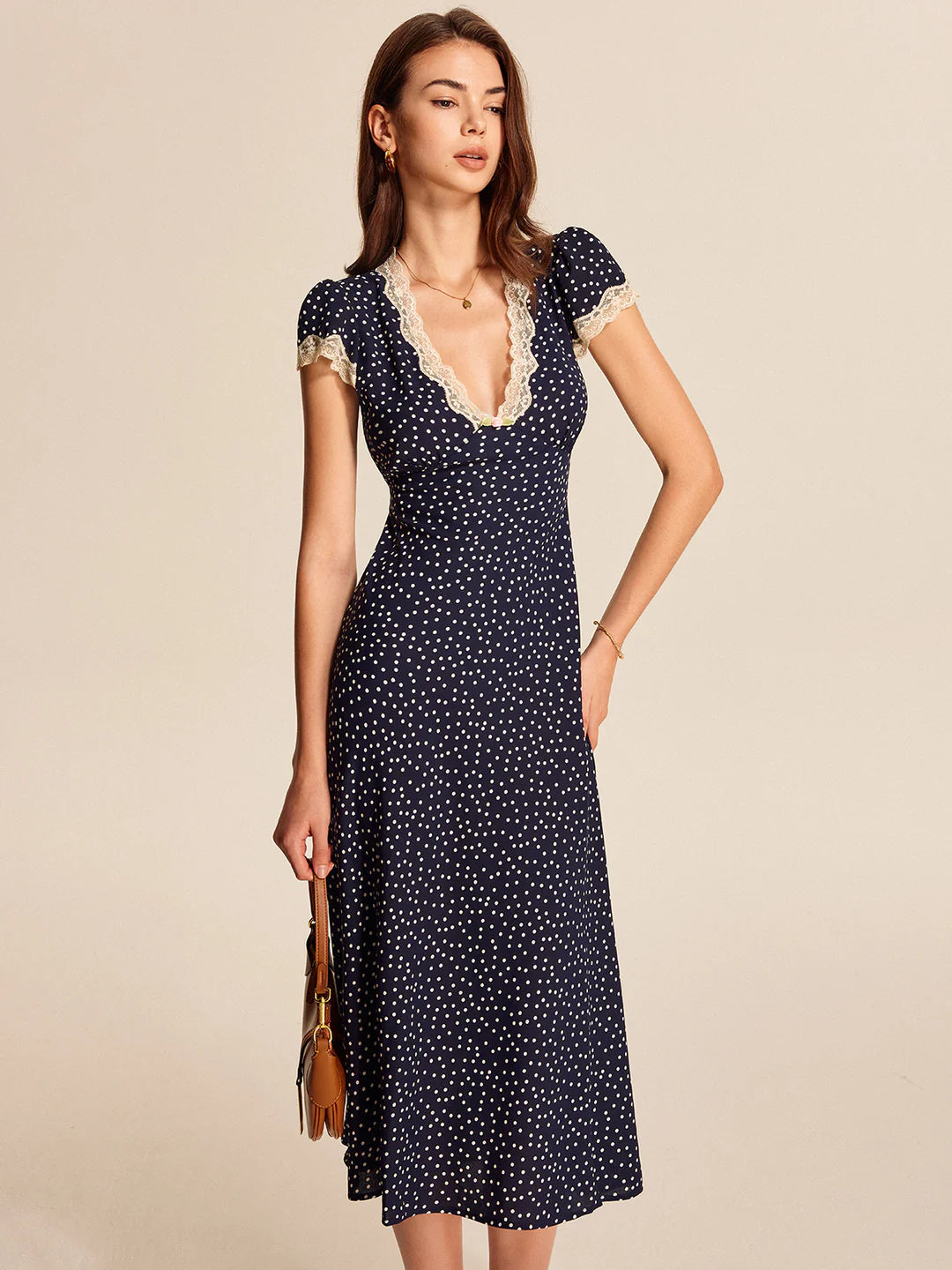 Women's Polka Dot Lace-Trim Midi Dress