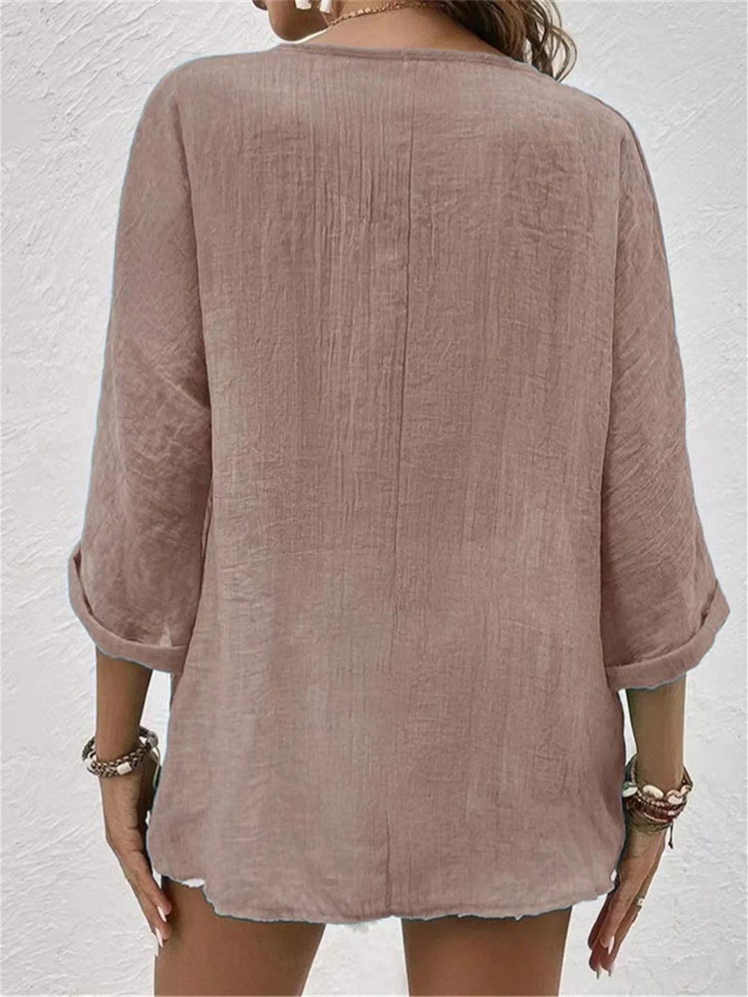 Women’s Crinkle Cotton V-Neck Top – Casual Three-Quarter Sleeve Button Blouse
