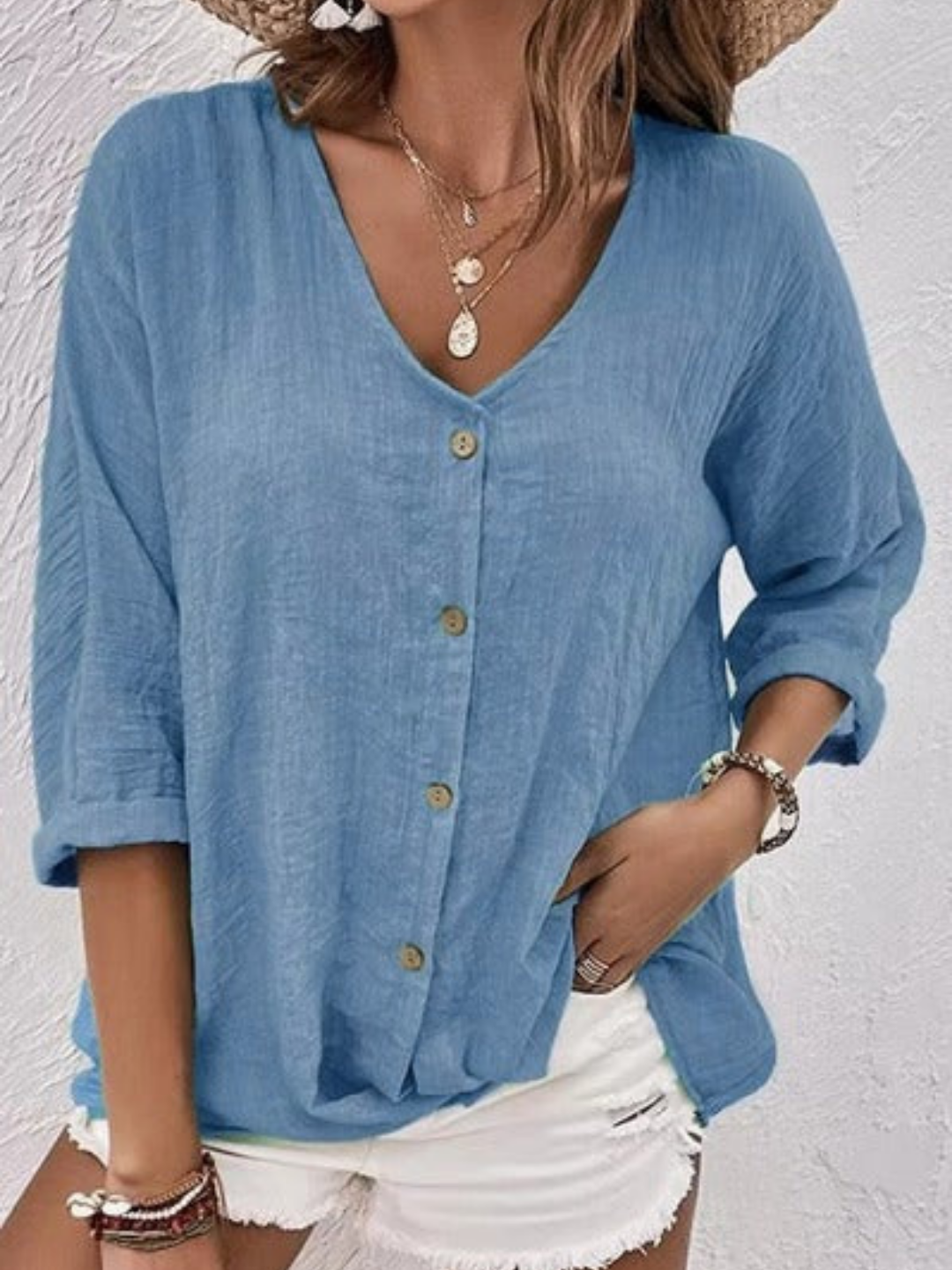 Women’s Crinkle Cotton V-Neck Top – Casual Three-Quarter Sleeve Button Blouse