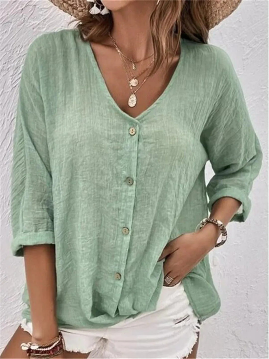 Women’s Crinkle Cotton V-Neck Top – Casual Three-Quarter Sleeve Button Blouse