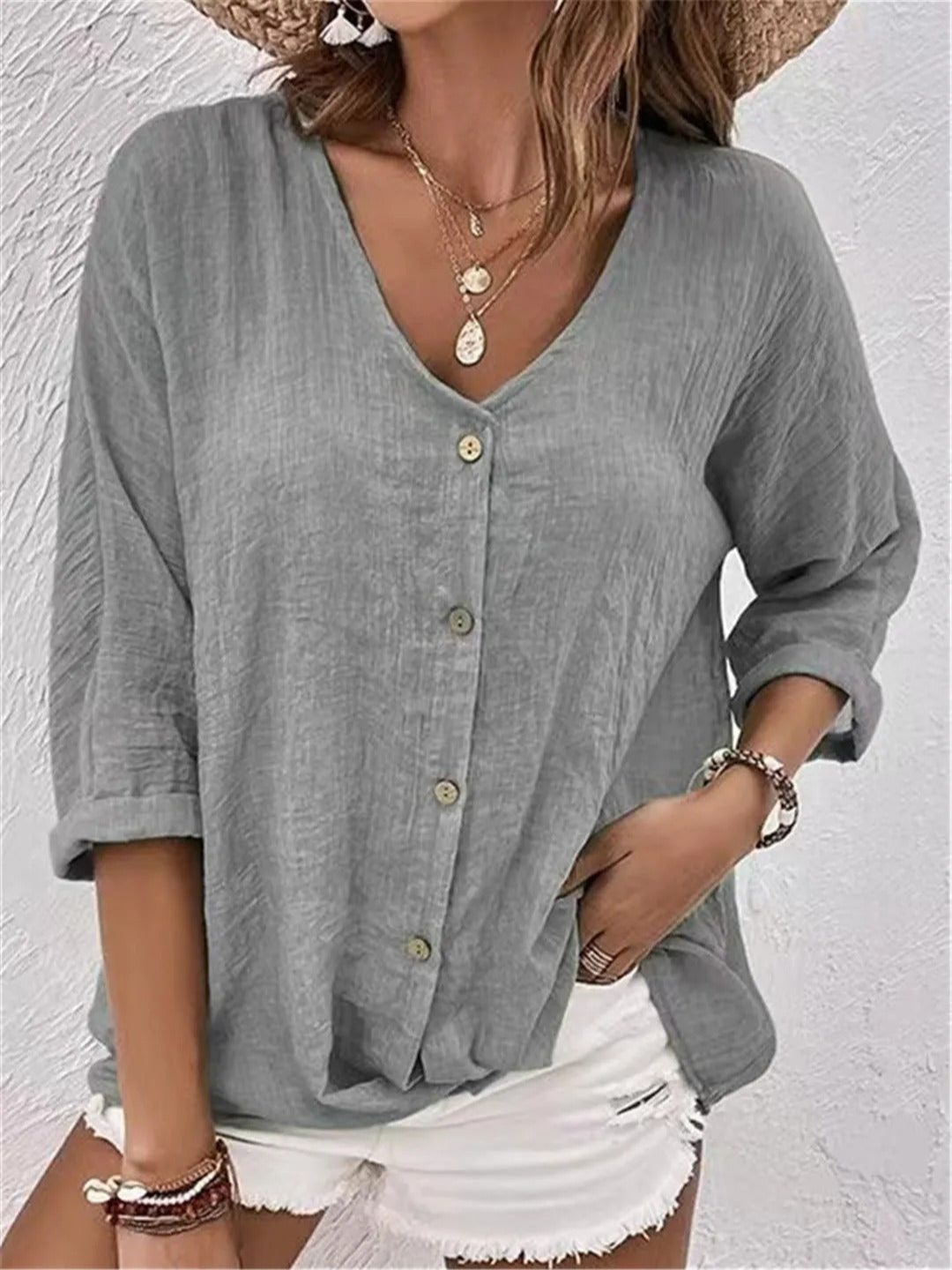 Women’s Crinkle Cotton V-Neck Top – Casual Three-Quarter Sleeve Button Blouse