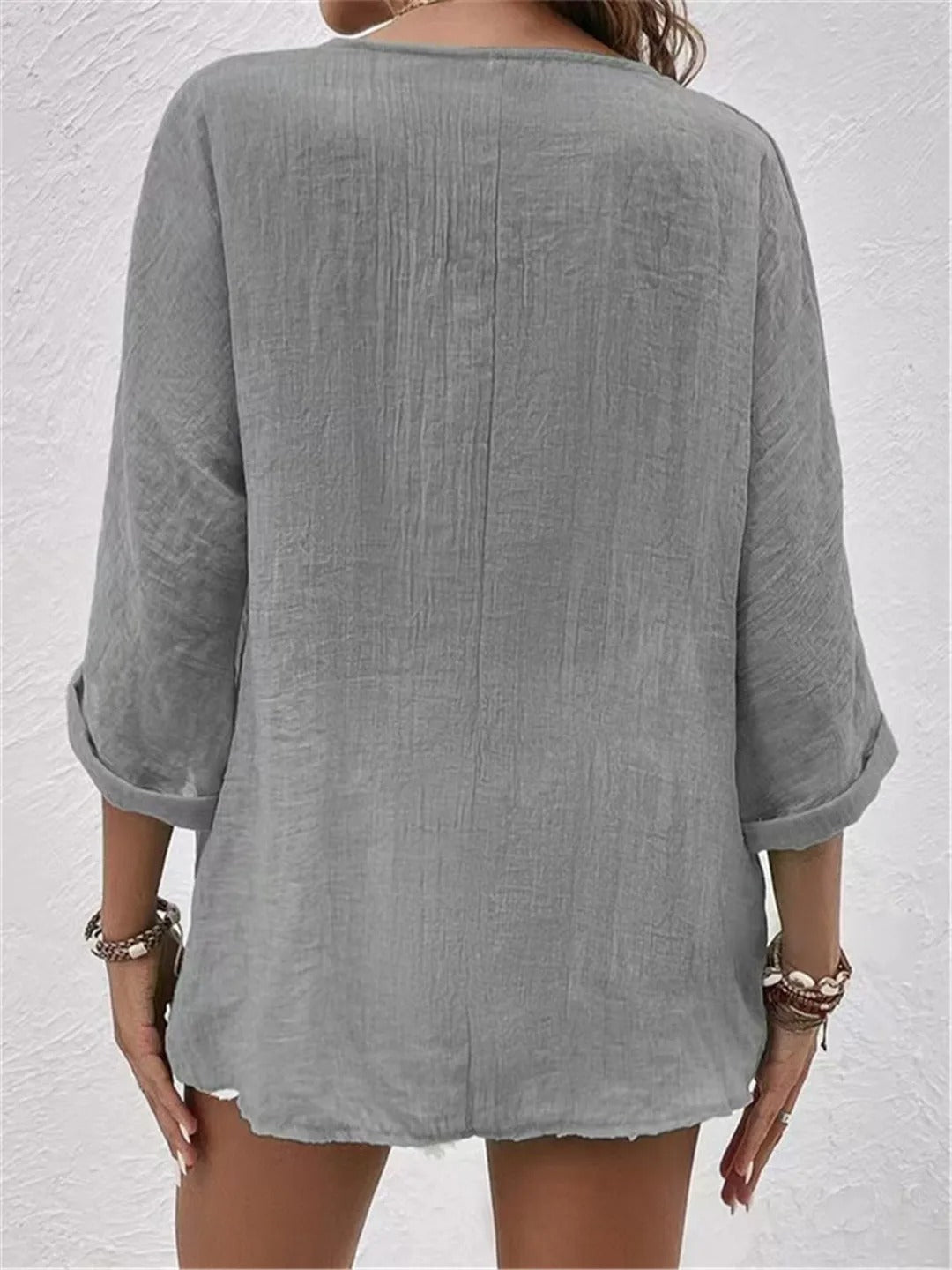 Women’s Crinkle Cotton V-Neck Top – Casual Three-Quarter Sleeve Button Blouse