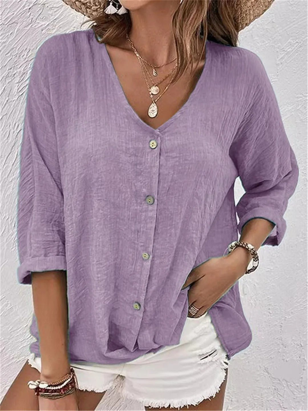 Women’s Crinkle Cotton V-Neck Top – Casual Three-Quarter Sleeve Button Blouse
