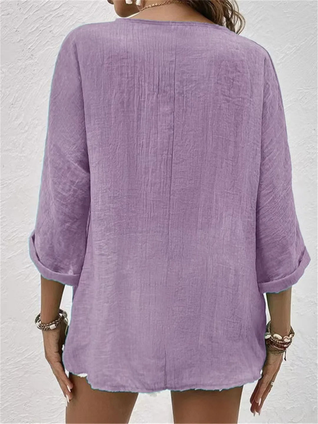 Women’s Crinkle Cotton V-Neck Top – Casual Three-Quarter Sleeve Button Blouse