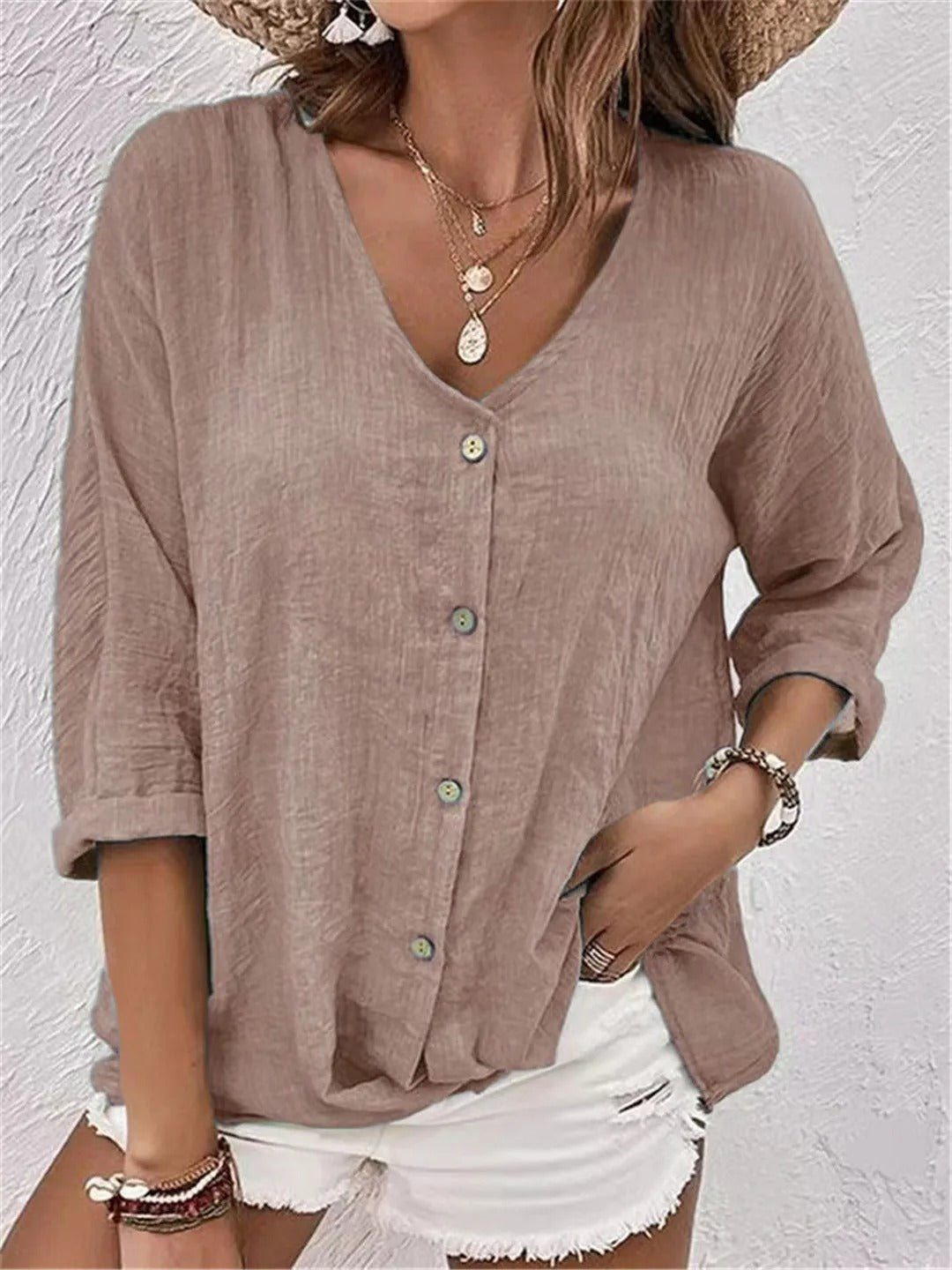 Women’s Crinkle Cotton V-Neck Top – Casual Three-Quarter Sleeve Button Blouse