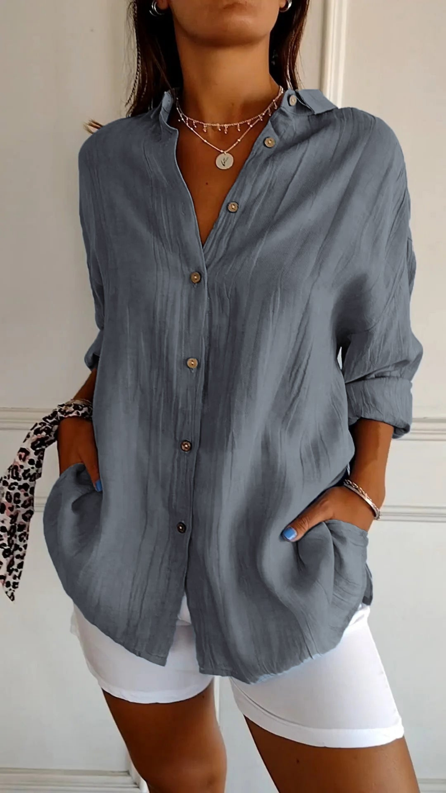 Women’s Oversized Linen Button Down Shirt – Casual Roll-Up Sleeve Blouse