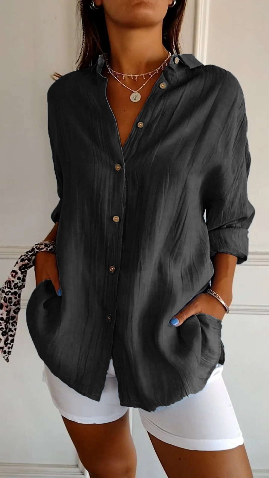 Women’s Oversized Linen Button Down Shirt – Casual Roll-Up Sleeve Blouse