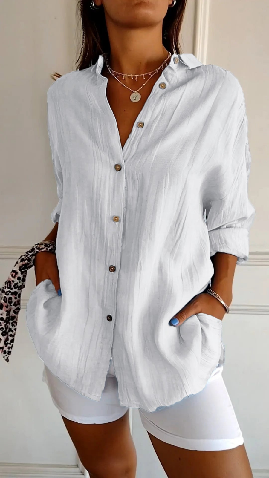 Women’s Oversized Linen Button Down Shirt – Casual Roll-Up Sleeve Blouse