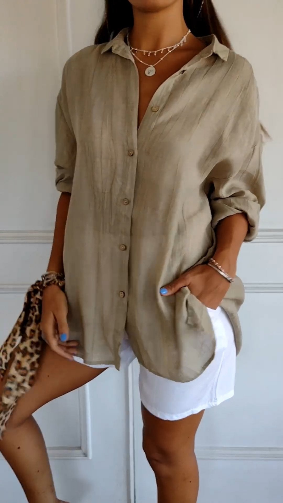 Women’s Oversized Linen Button Down Shirt – Casual Roll-Up Sleeve Blouse