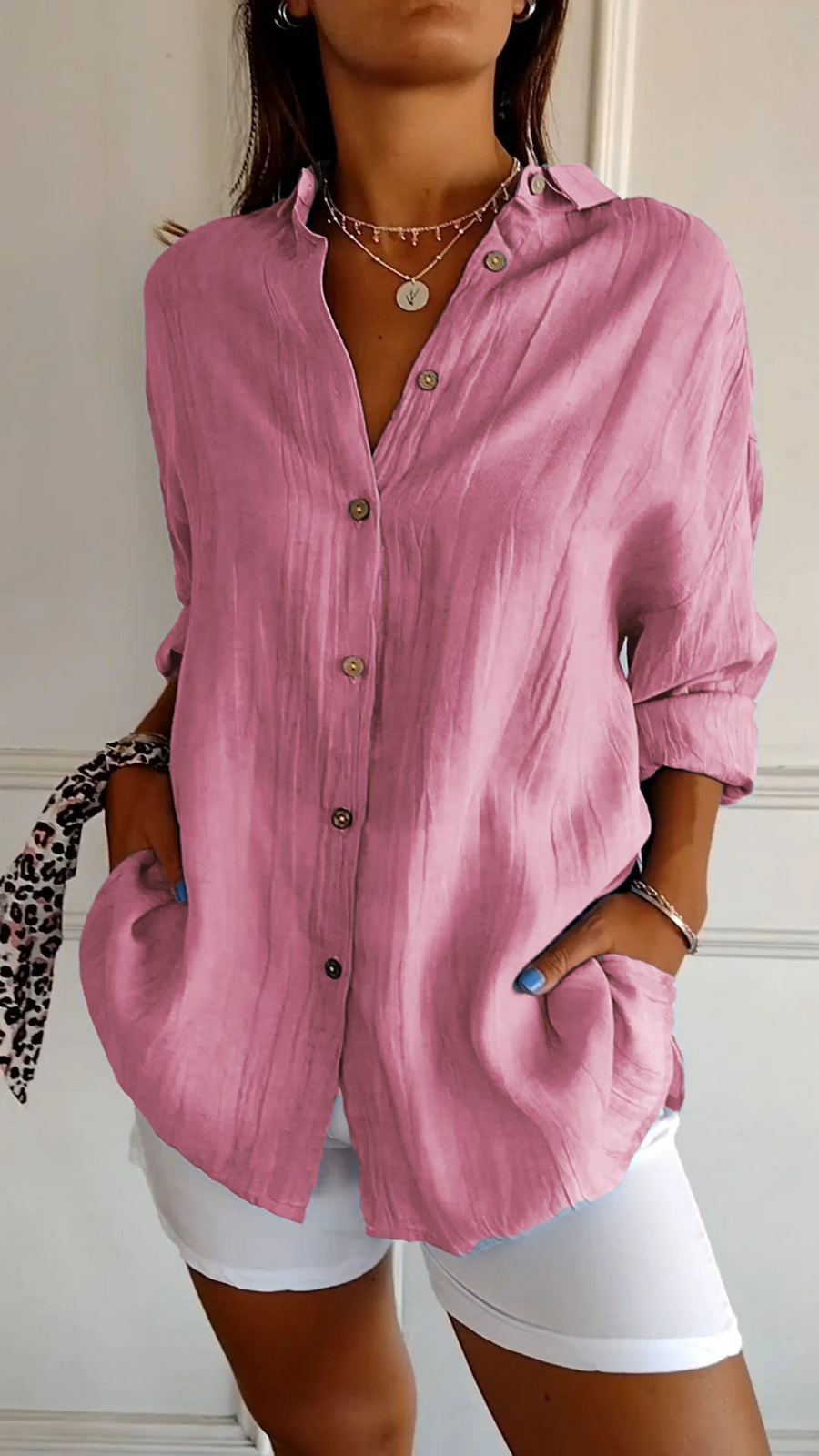 Women’s Oversized Linen Button Down Shirt – Casual Roll-Up Sleeve Blouse