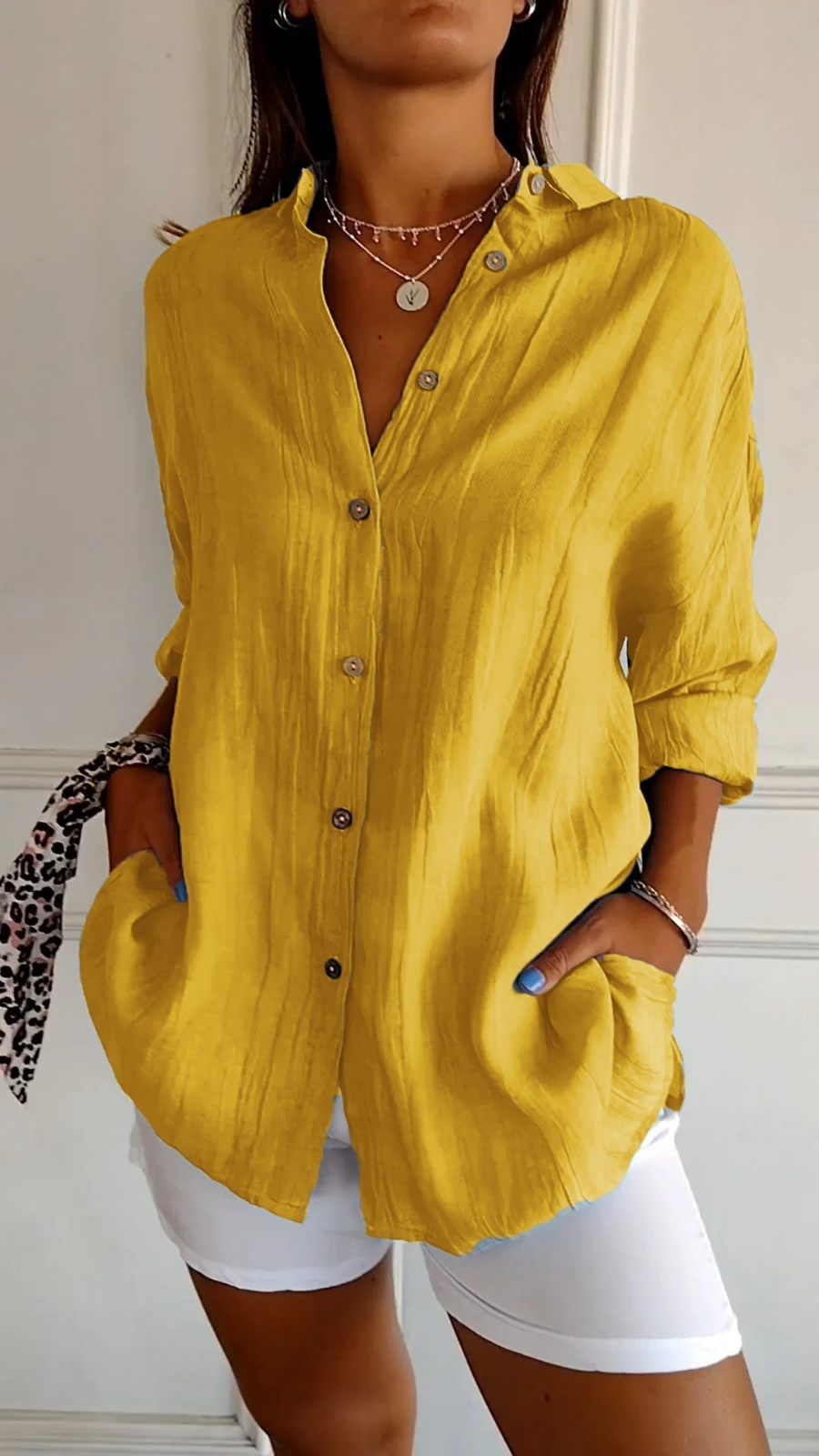 Women’s Oversized Linen Button Down Shirt – Casual Roll-Up Sleeve Blouse