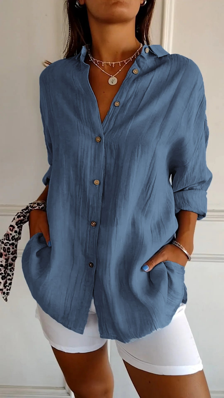 Women’s Oversized Linen Button Down Shirt – Casual Roll-Up Sleeve Blouse