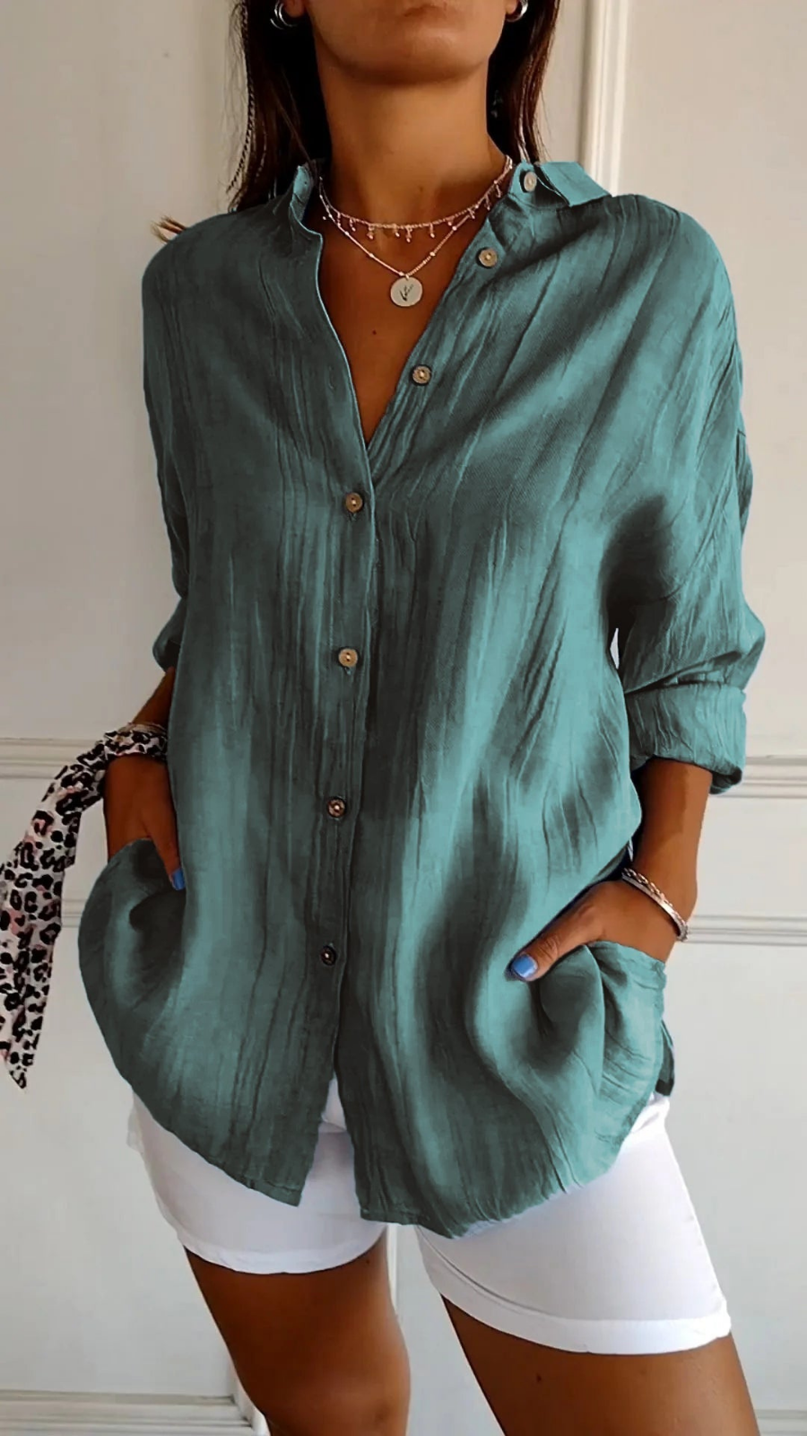 Women’s Oversized Linen Button Down Shirt – Casual Roll-Up Sleeve Blouse